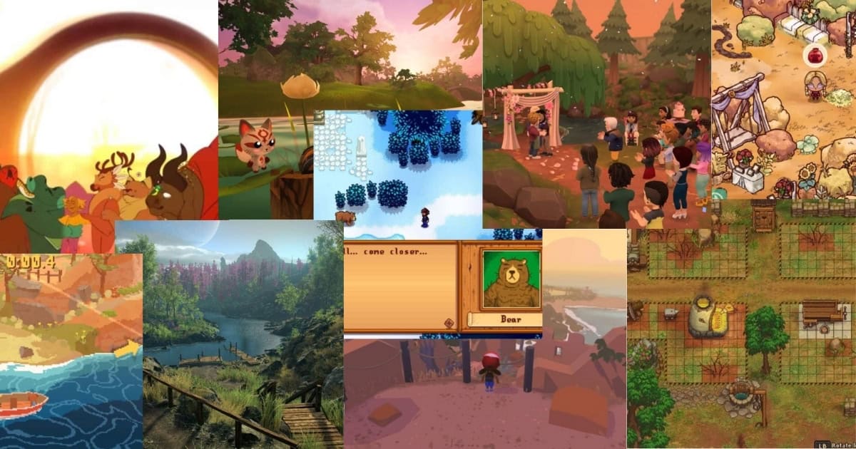 Collage of various cozy video game scenes, featuring forests, animals, villages, farming, and social gatherings in both pixel and hand-drawn art styles.