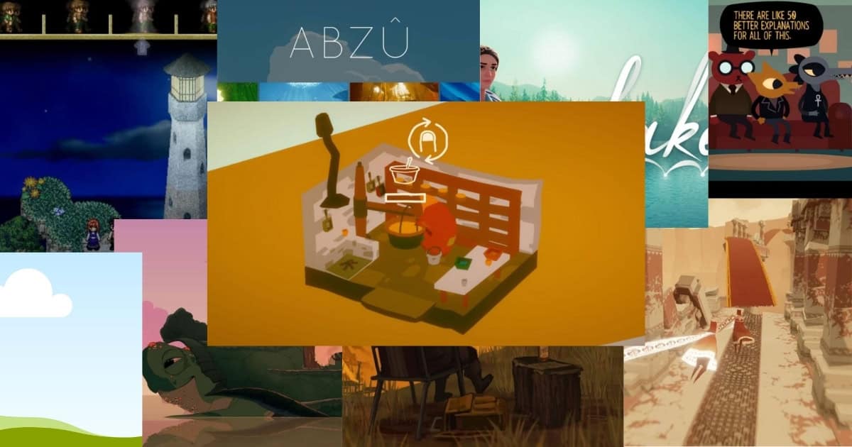A collage of indie video game screenshots featuring various art styles, environments, and characters, centered around a stylized image of a character in a small room.