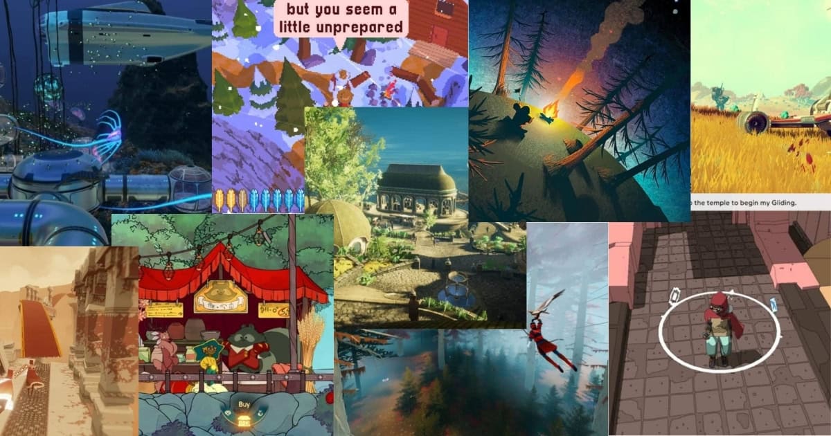 A collage of various video game scenes featuring different environments, characters, and activities such as exploration, camping, flying, and market interactions.