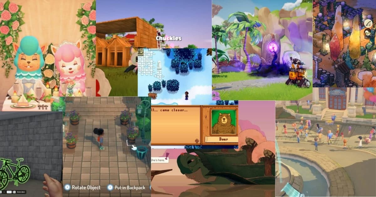 A collage of screenshots from various cozy video games, showing colorful characters, buildings, nature scenes, and user interface elements.