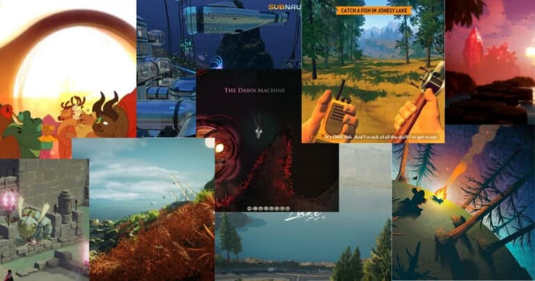 A collage of various video game scenes featuring different art styles, landscapes, underwater environments, and characters.