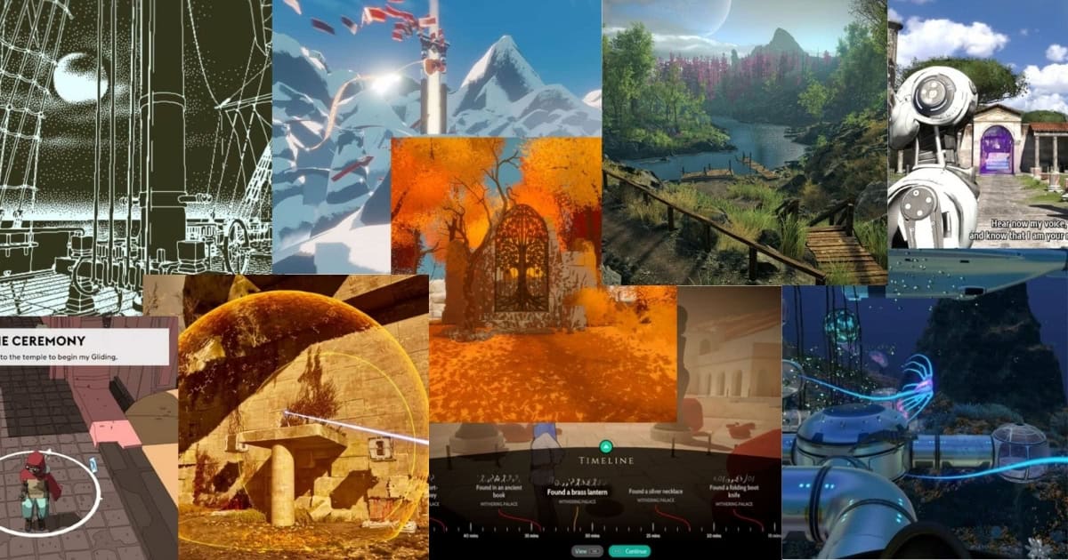 A collage of various video game scenes featuring landscapes, architecture, nature, futuristic structures, and gameplay elements arranged side by side.