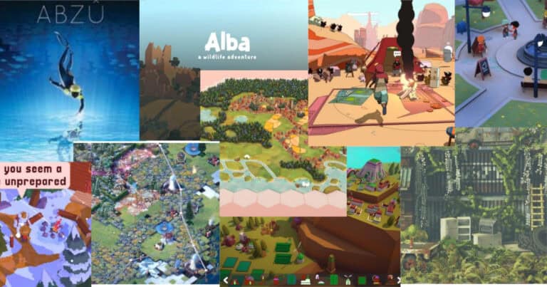 A collage of colorful video game screenshots featuring landscapes, characters, and user interfaces from various games, including underwater, forest, city, and isometric map scenes.