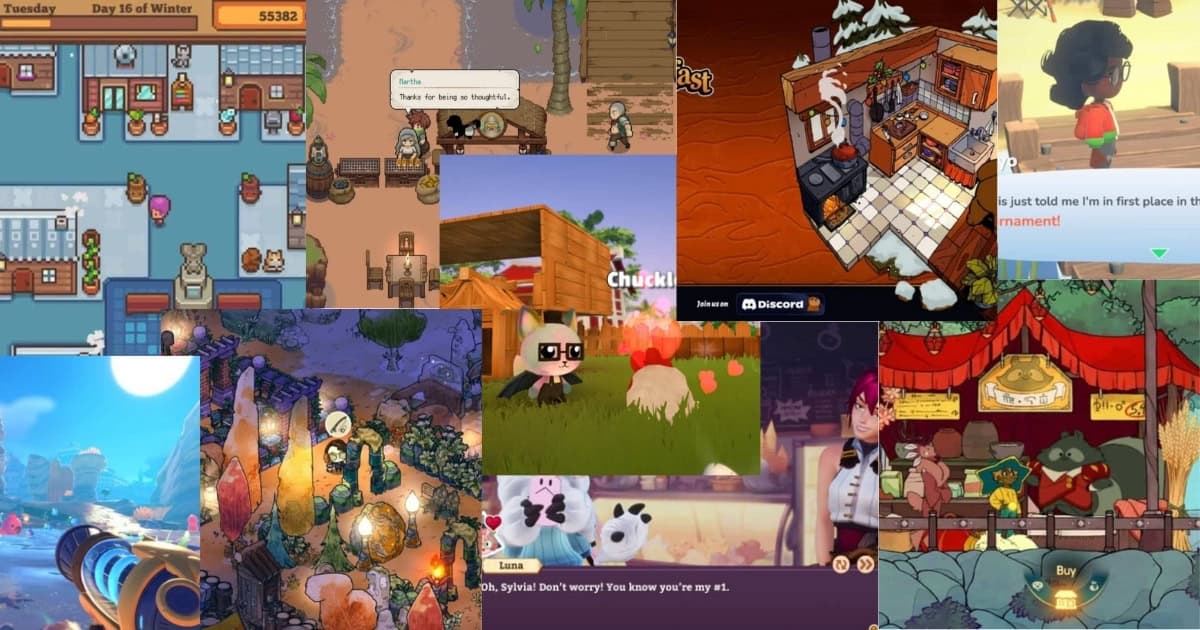 A collage of various cozy video games featuring different colorful scenes, characters, and environments in pixel art and cartoon styles.