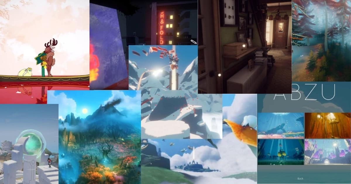 A collage of various colorful and artistic video game scenes, featuring landscapes, buildings, underwater environments, and fantasy elements.