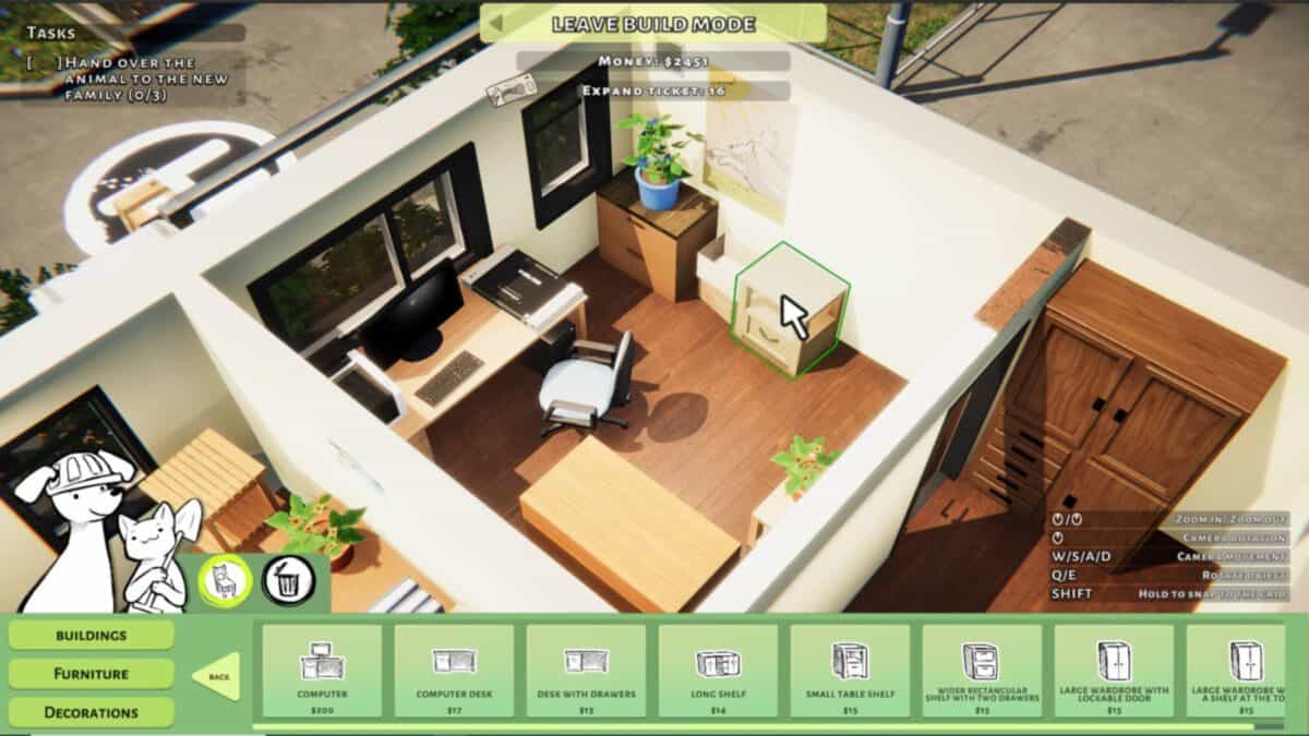 A top-down view of a home office in a simulation game, showing a desk with a computer, a chair, a cabinet, and decorative plants. Game menus and controls are visible on the screen.