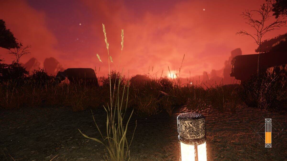 A video game landscape at sunset with tall grass, a glowing lantern in the foreground, and a vivid red sky in the background. Game HUD elements are visible on the right.