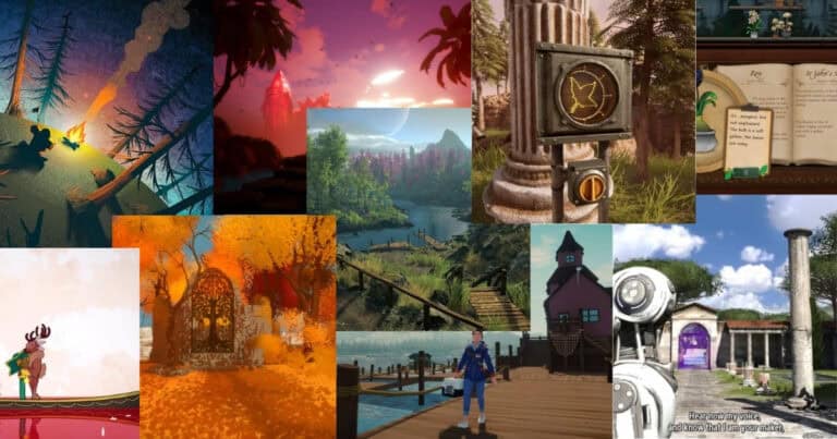 Collage of various colorful video game scenes, including forests, ancient ruins, autumn landscapes, water views, and fantasy elements with characters and structures.