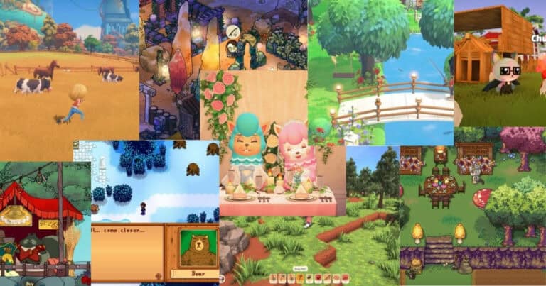 A collage of colorful scenes from various farming and life simulation video games, featuring animals, characters, gardens, and market stalls in different art styles.