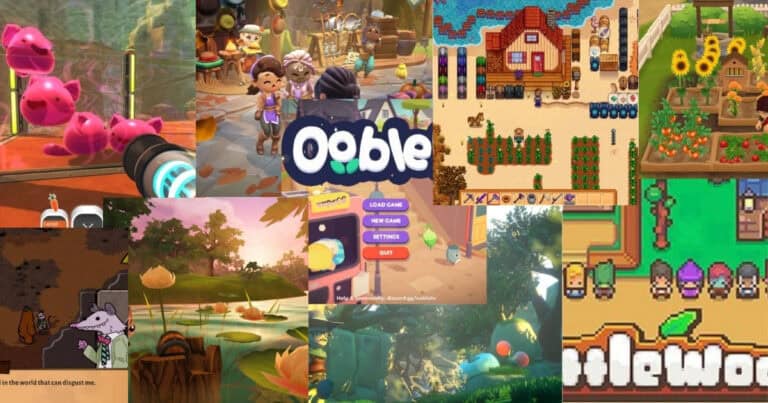 A collage of colorful screenshots from various farming and life simulation video games, featuring characters, crops, animals, and game menus.