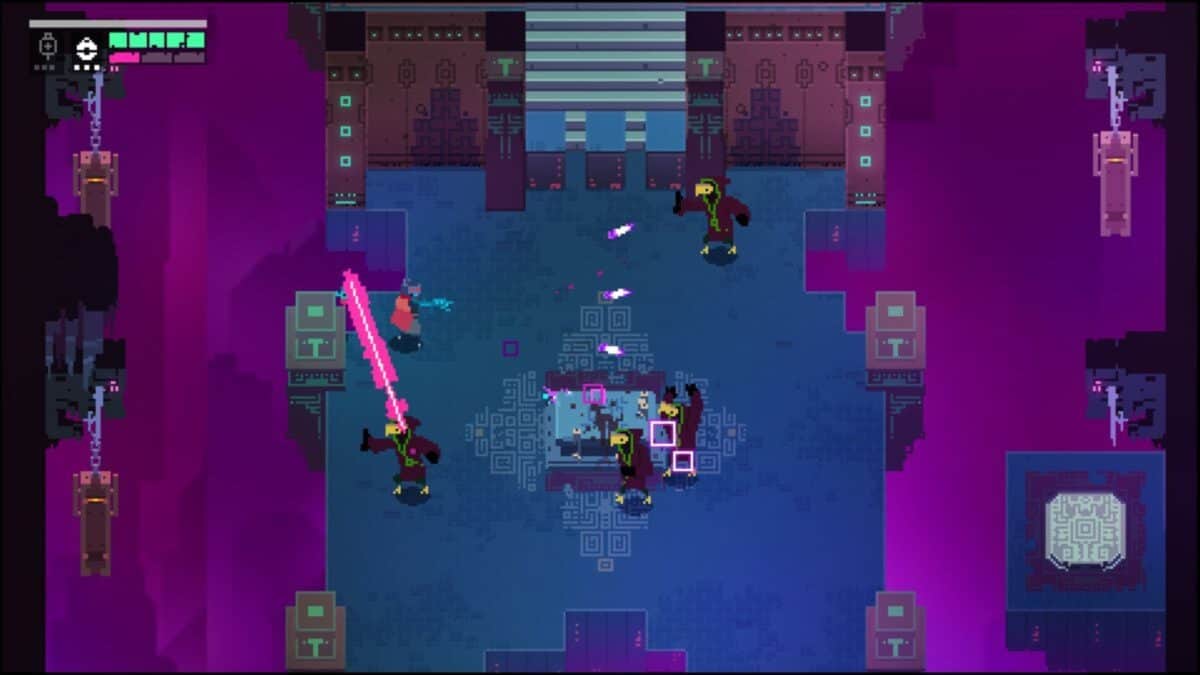 A pixel art action game scene shows a player character fighting three enemies in a neon-lit, temple-like room with purple and blue tones. Energy projectiles and a pink energy sword are visible.
