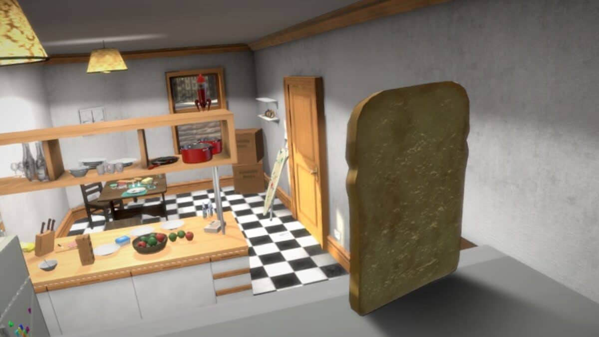 A slice of bread stands upright on a counter overlooking a kitchen with checkered floors, wooden shelves, and unpacked boxes.