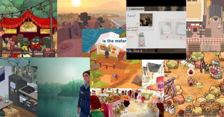 A collage of various cozy video game scenes, including markets, nature, lakes, kitchens, characters, and warm outdoor settings with colorful, detailed backgrounds.