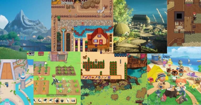 A collage of various farming and life simulation video games, featuring crops, animals, buildings, and characters in colorful, animated settings.