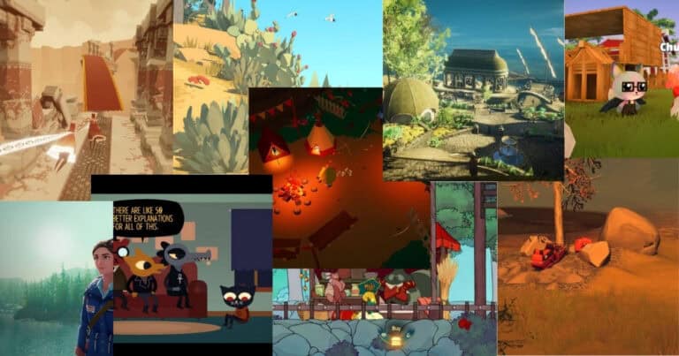 A collage of various indie video game scenes, featuring different art styles, landscapes, and characters from games such as Journey, Night in the Woods, and others.