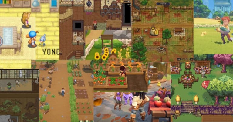 A collage of scenes from various farming simulation video games, showing characters tending crops, interacting with animals, and managing farm tasks.