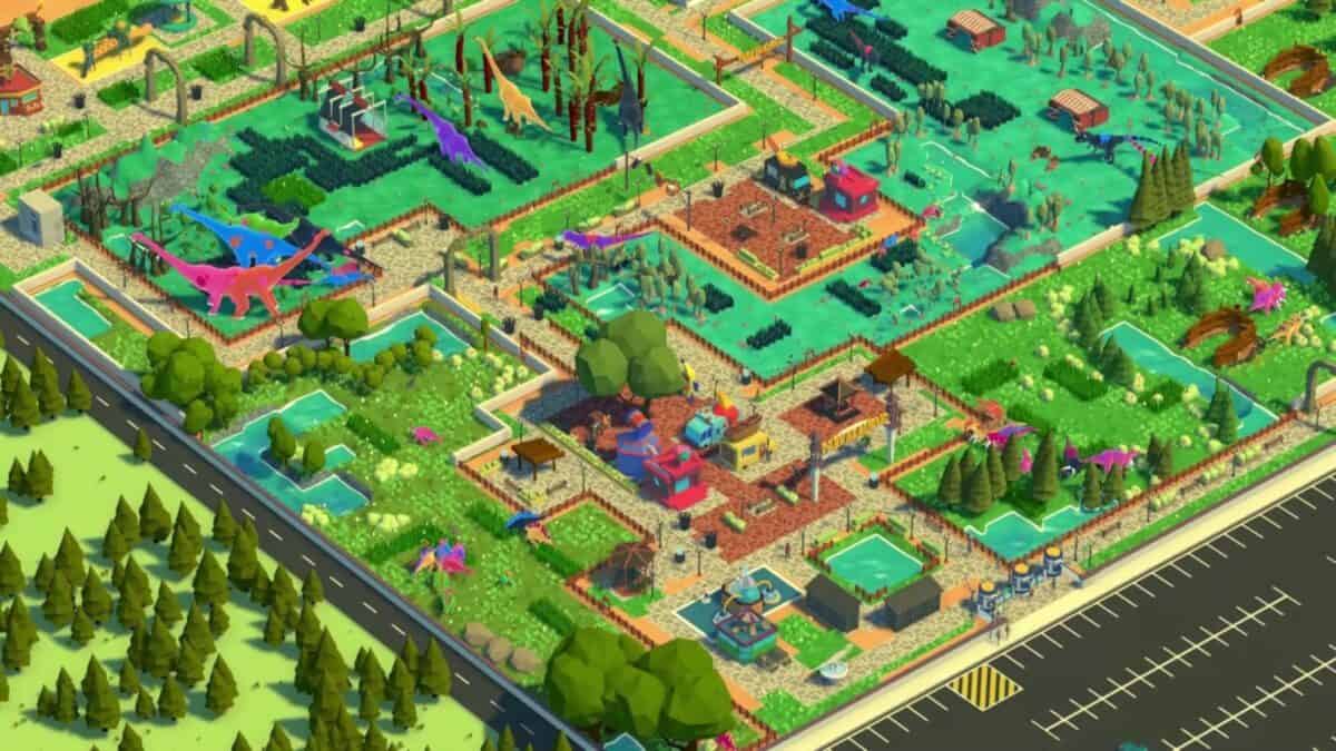 Isometric view of a colorful, fenced dinosaur park with pathways, dinosaur enclosures, trees, buildings, and a parking lot in the foreground.