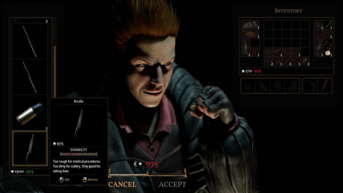 A video game character with red hair holds a knife as an inventory menu displays weapon stats, including price and durability, with the word "ACCEPT" highlighted at the bottom.