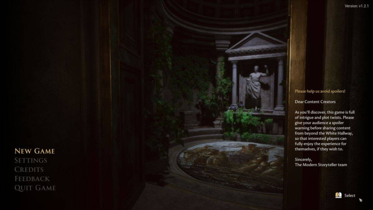 A game menu screen shows options on the left and a letter to content creators on the right, with a view of a classical courtyard featuring statues and greenery in the background.