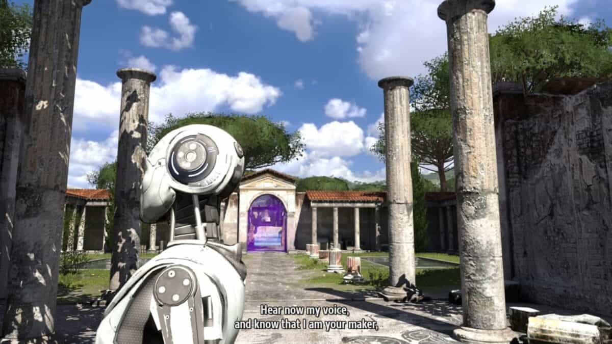 A robot stands among ancient stone columns in a courtyard, facing a glowing purple doorway; subtitle reads, "Hear now my voice, and know that I am your maker.