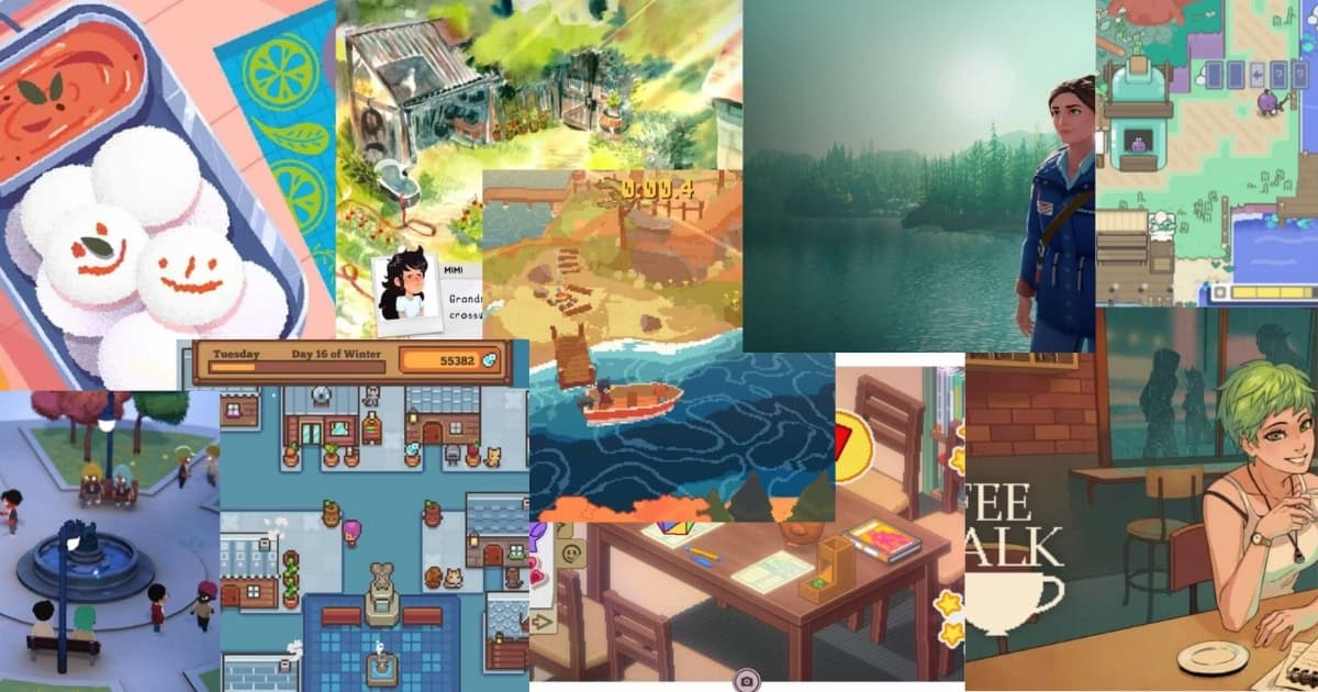 A collage of various cozy video games featuring food, nature, colorful pixel art scenes, characters, a town square, a café, and a boat on the water.