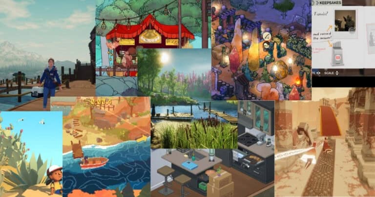 A collage of various video game scenes featuring different art styles, including outdoor landscapes, characters, and indoor settings.