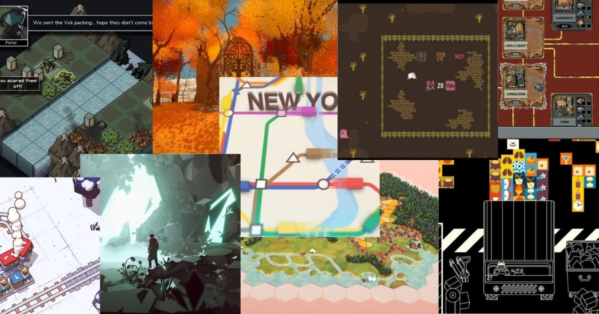 A collage of various video game screenshots, featuring maps, characters, landscapes, and colorful game interfaces in different art styles.