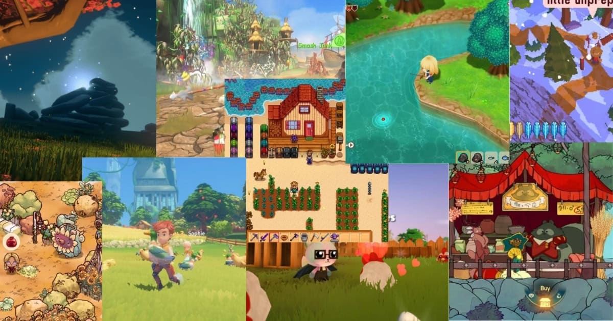 A collage of colorful farming and life simulation video game scenes, including characters farming, fishing, interacting with animals, and exploring outdoor environments.