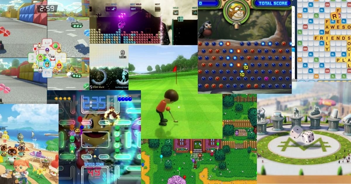 A collage of various video and computer games, including racing, puzzle, sports, farming simulation, and board game scenes.