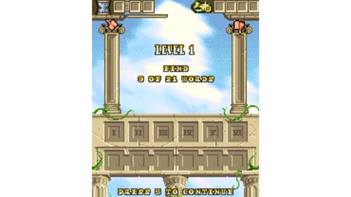A pixel art game screen displays "LEVEL 1" with the objective to find 3 of 21 words, set in an ancient Greek-inspired environment with columns and vines.