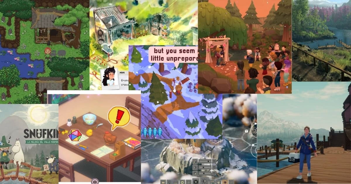 A collage of various cozy video game scenes, including forests, cabins, mountains, animated characters, and peaceful outdoor settings.