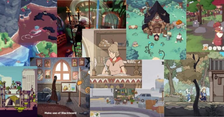 Collage of various cozy, illustrated video game scenes featuring characters, interiors, and outdoor settings with a warm, whimsical aesthetic.