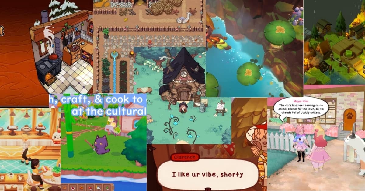 A collage of cozy video game scenes featuring characters cooking, farming, and interacting with animals and each other in colorful, animated environments.