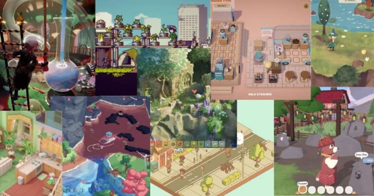 Collage of various cozy and colorful video game scenes featuring characters, nature, homes, and marketplace environments in different art styles.
