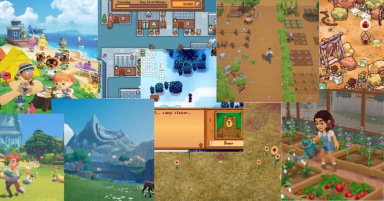 A collage of farming and simulation video game screenshots, featuring characters, crops, animals, and rural landscapes in various art styles.