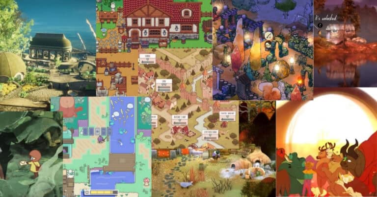 A collage of illustrated scenes from various cozy video games, featuring cottages, marketplaces, gardens, and characters in warm, colorful settings.