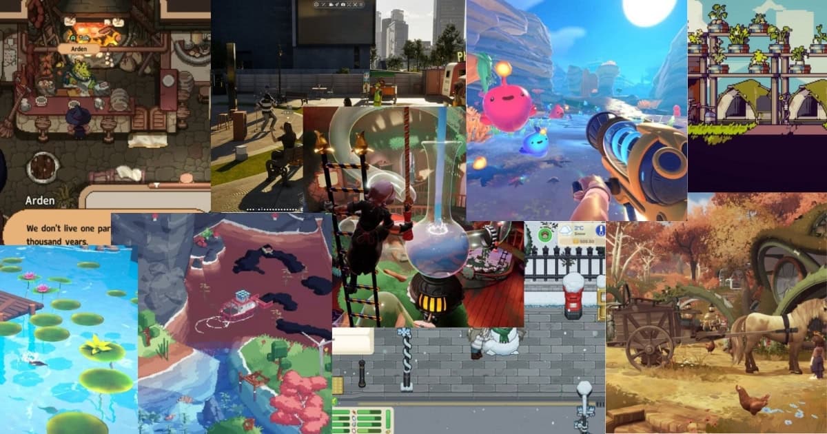 A collage of various video game scenes, showing different art styles, environments, and characters from fantasy, farming, and adventure games.