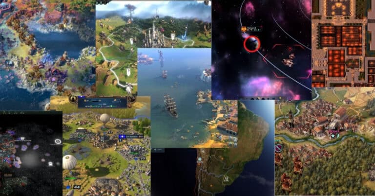A collage of various strategy game screenshots, featuring maps, cityscapes, ships at sea, battles in space, and different terrain types.