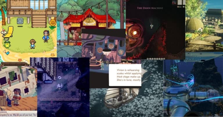 A collage of various video game scenes, including pixel art characters, futuristic underwater settings, fantasy landscapes, and dialogue boxes from narrative-driven games.