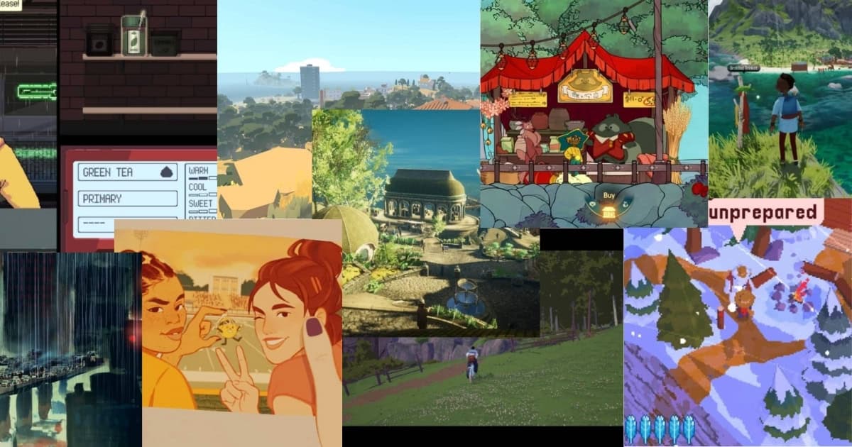 A collage of colorful video game scenes, including landscapes, buildings, animated characters, menus, and outdoor environments with a variety of artistic styles.