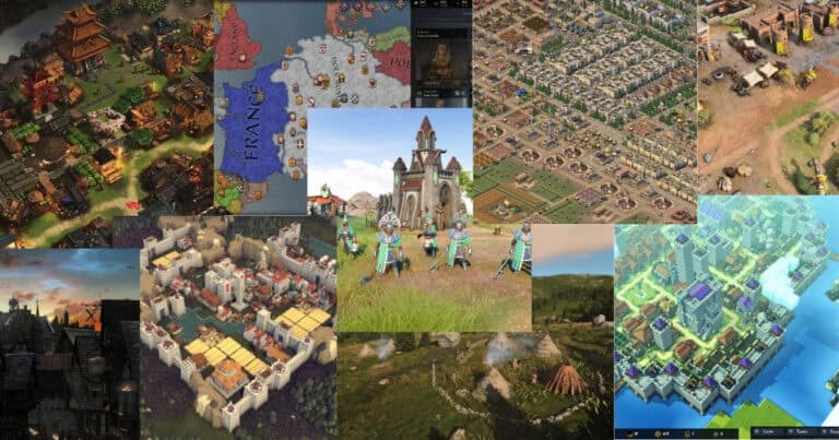 A collage of various city-building and strategy game screenshots, featuring different types of cities, buildings, landscapes, and user interfaces.