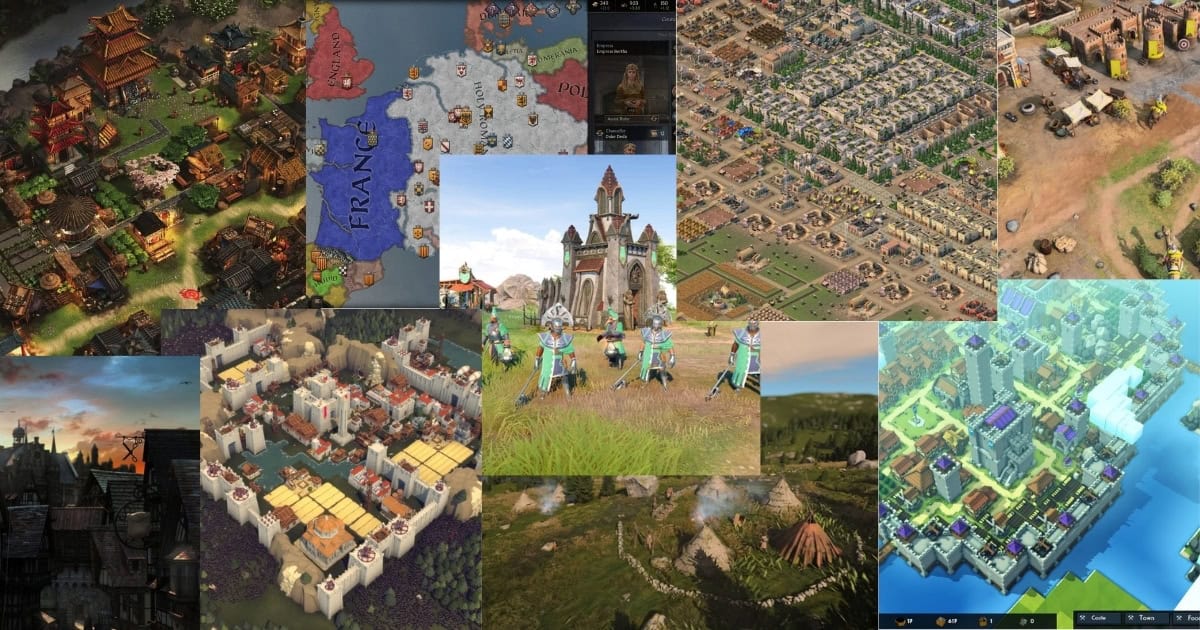 A collage of various city-building and strategy game screenshots, featuring different types of cities, buildings, landscapes, and user interfaces.