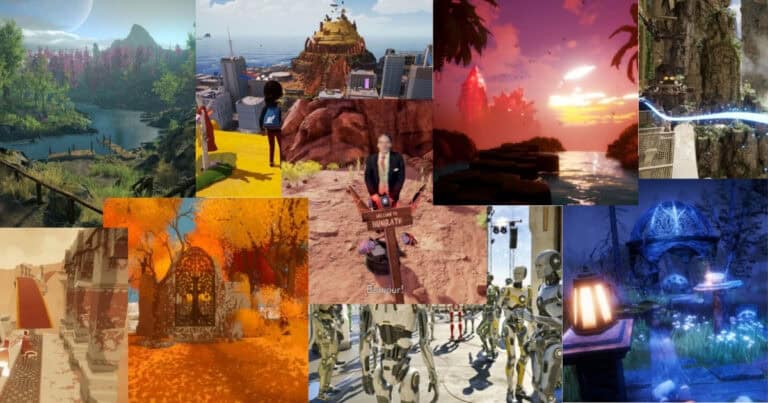 A collage of multiple video game scenes featuring varied environments, including forests, mountains, robots, cityscapes, and sunsets.