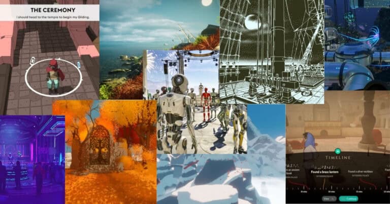 A collage of various video game scenes featuring different environments, robots, characters, temples, forests, futuristic settings, and dialogue or quest screens.