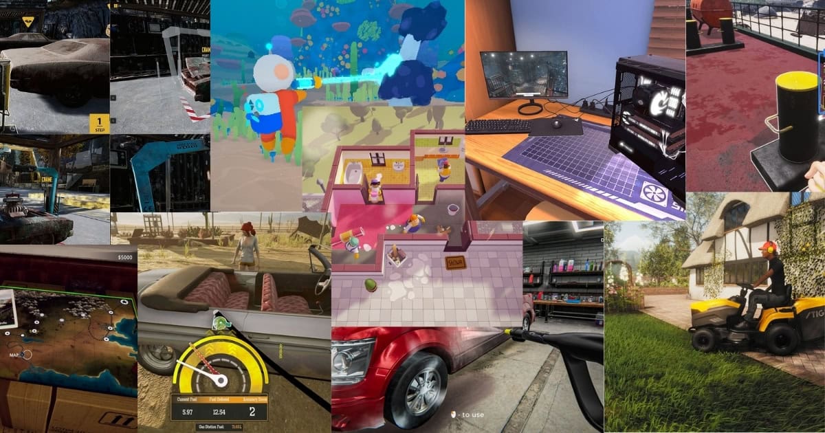 A collage of various simulation games and activities, including car repair, cooking, lawn mowing, computer setup, and virtual reality experiences.