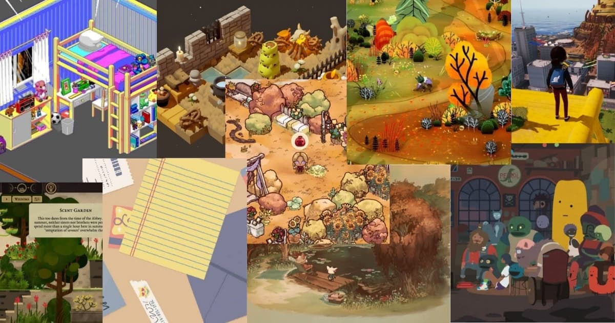 A collage of colorful illustrations and pixel art scenes from various video games, including nature landscapes, interiors, cityscapes, and characters in diverse environments.