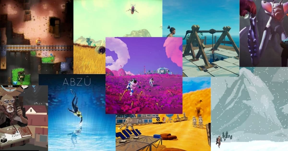 A collage of various video game scenes featuring different environments, including forests, oceans, snowy mountains, outer space, and futuristic landscapes.