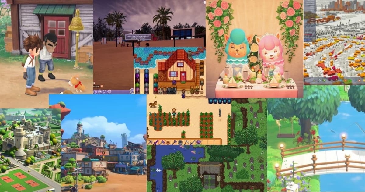 A collage of various farming simulation and life simulation game scenes, including characters, farms, buildings, and outdoor environments.
