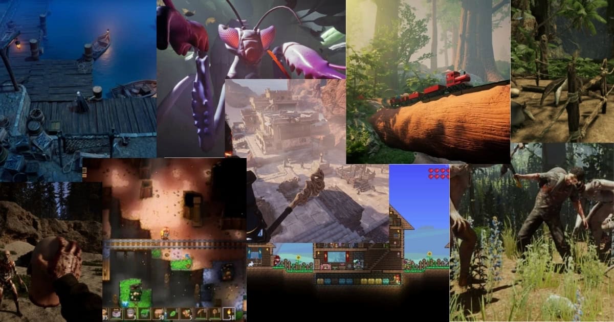 A collage of various video game scenes, featuring characters, landscapes, building elements, and combat across different environments and art styles.