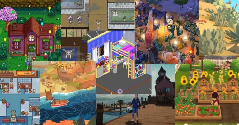 Collage of colorful, animated scenes from various farming and life simulation video games, featuring gardens, houses, markets, and outdoor activities.